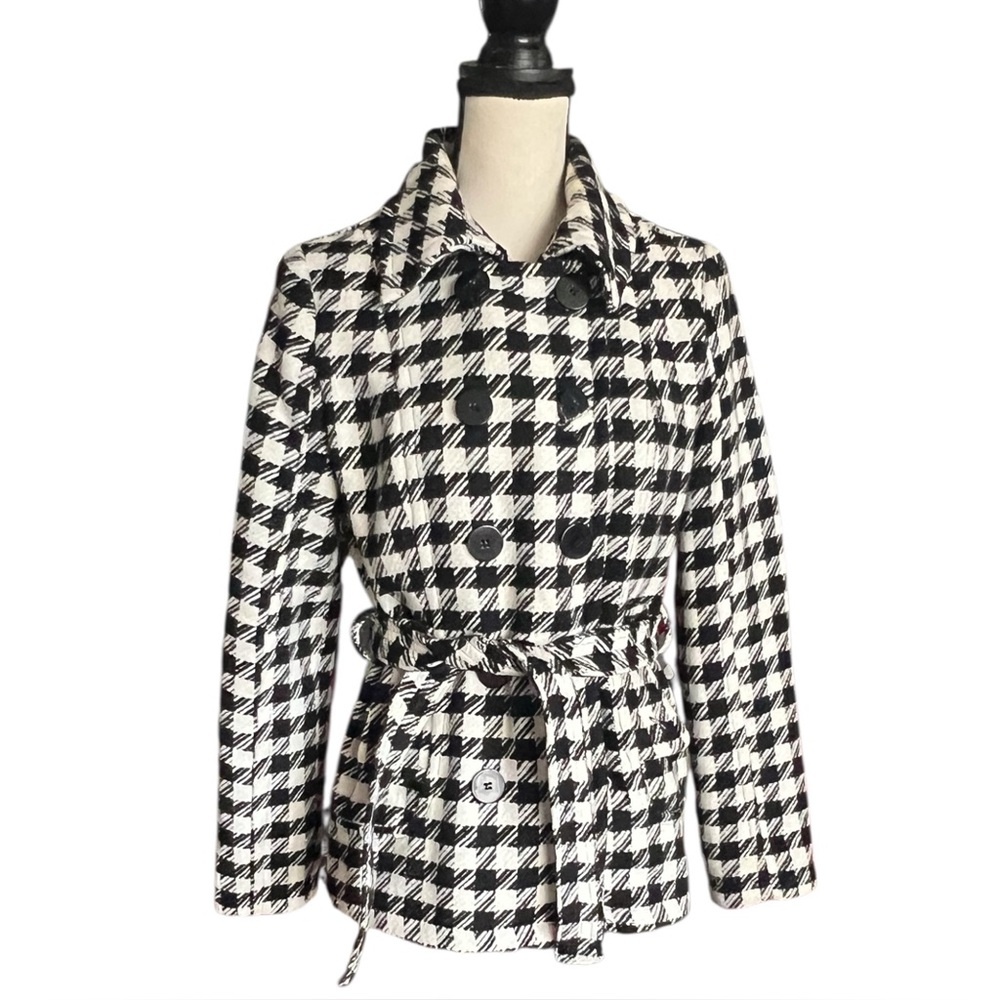 New Look WOOL BLEND Black and White Houndstooth Belted Pea Coat. Size L/G